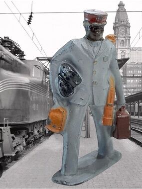 Vintage Metal Train Conductor Figurine - Light Blue with Orange Accents